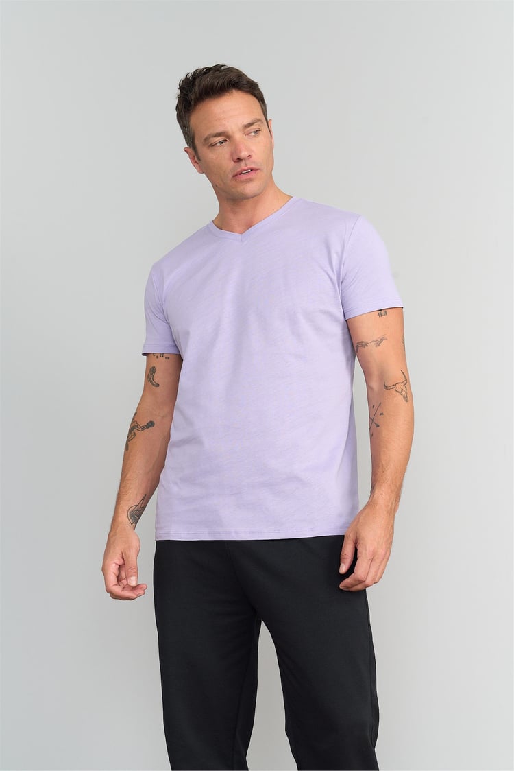 cetinkaya-mentality-2772-erkek-v-yaka--bb-8e1 Erkek Bisiklet Yaka Basic T-Shirt Lila - Görsel 1
